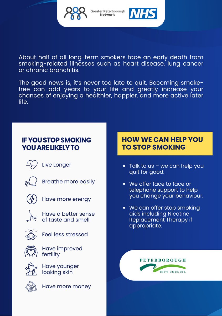 🚭 Want to quit smoking? GPN offers 1:1 support for residents 13+, in person or by phone. Nicotine aids may be available.

📄 Check our leaflet below for all the info!
💻 greaterpeterboroughgps.nhs.uk/stopsmoking
📞 01733 917432