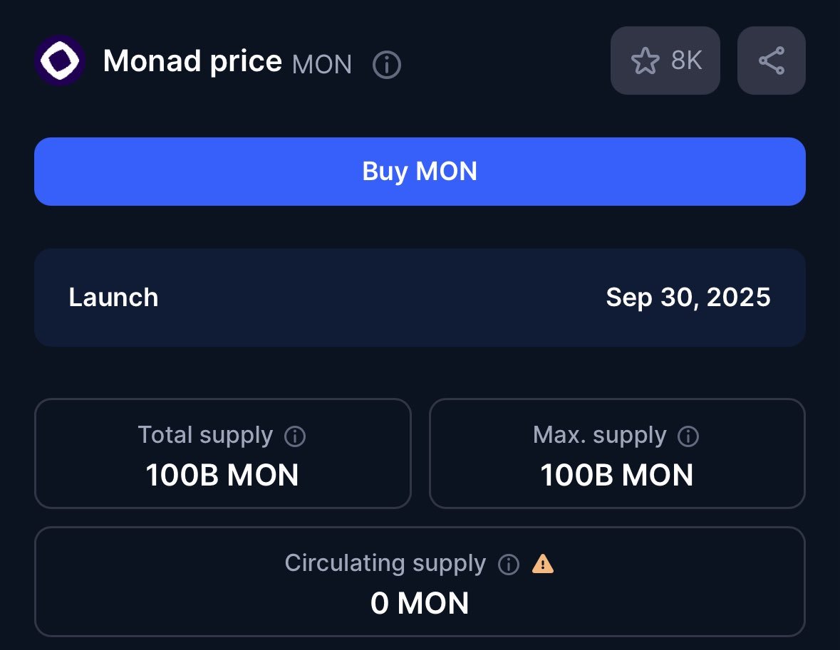 🚨 MONAD WILL LAUNCH ON SEPTEMBER 30th 2025  

Monad Launch date just leaked. According to CoinMarketCap, It is on September 30th 2025 and with 100b supply.