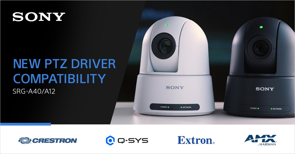 SonyProUSA's tweet photo. Our latest camera driver updates are elevating AV system design! The SRG-A40/A12 PTZ camera drivers now provide seamless compatibility across leading control platforms &amp; are integrated w/: 
🔹@Crestron
🔹@qscproaudio
🔹@Extron
🔹@AMXtalk
Download drivers: https://t.co/gBeJnB1Zhb https://t.co/XzgB54g6ID