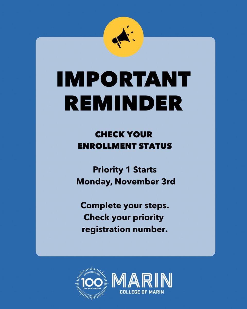 It’s almost time to register for Spring 2026!

Complete your orientation and Student Ed Plan to earn earlier registration. Check your priority number now.

Priority registration begins November 3, 2025!

Click here to see your enrollment status: es.marin.edu/registration/e…