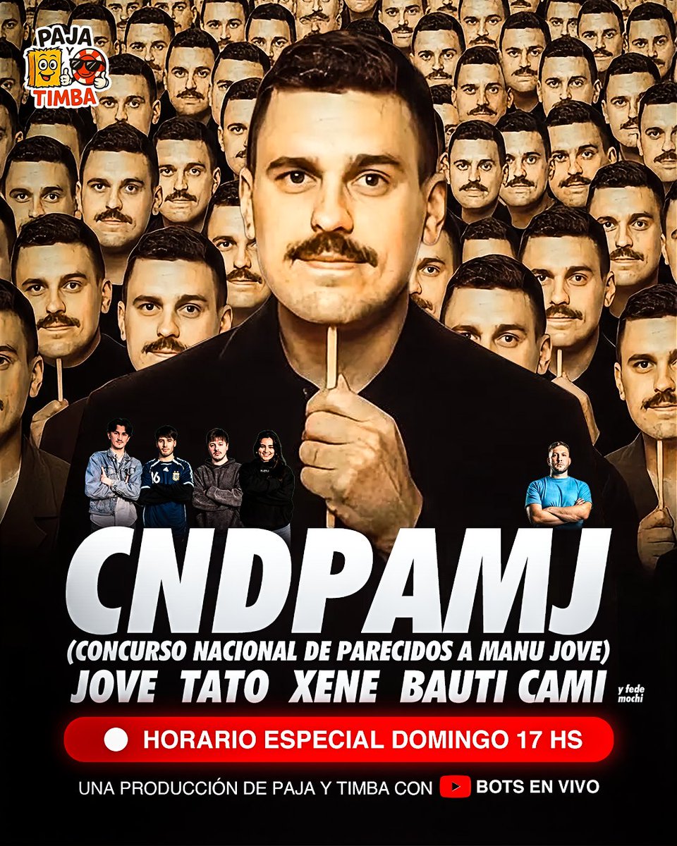 👮 Este DOMINGO en PAJA Y TIMBA

CNDPAMJ (Concurso Nacional de Parecidos a Manu Jove) con la presencia de <a href="/manujove/">Manu Jove</a> 

⏰🔴 HORARIO ESPECIAL - 17HS !!!

<a href="/JonatanViale/">Jonatan Viale</a> <a href="/PFAOficial/">Policía Federal Argentina</a> 

Ah y también <a href="/mochifede/">Fede Mochi</a> (pidió venir)