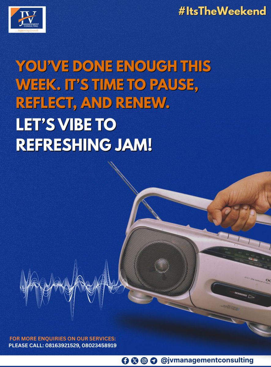 JVMC_official's tweet photo. Pause, Reflect and Renew. Then turn up the volume ๐Letโs jam to relaxation!
Itโs weekend time!
#ItsTheWeekend #WeekendVibes #PauseReflectRenew #RelaxAndRecharge #JVManagementConsulting #WorkLifeBalance #WeekendMood #YouDeserveIt #RefreshYourMind #PositiveVibesOnly https://t.co/Gb3OPLhUTQ