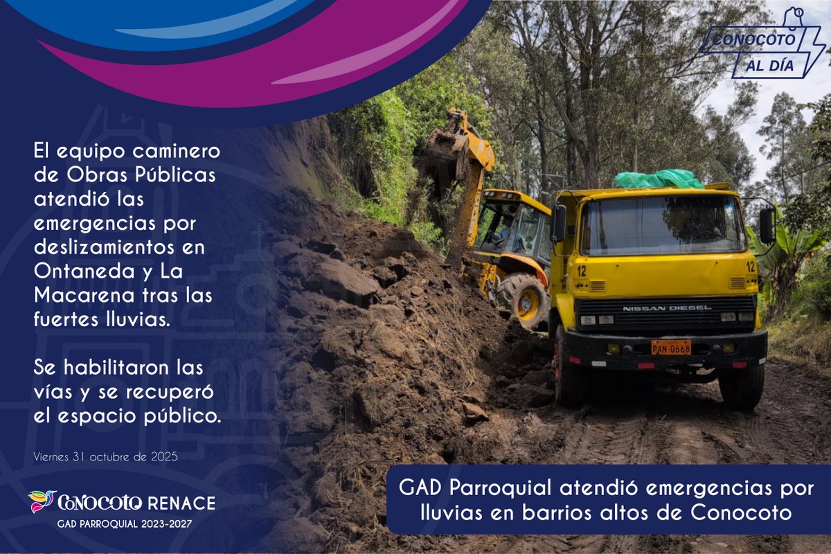 El equipo caminero de Obras Públicas del GAD Parroquial de Conocoto atendió emergencias por deslizamientos en Ontaneda y La Macarena.

✅ Se habilitaron las vías y se recuperó el espacio público.

#ConocotoAlDía #ConocotoRenace