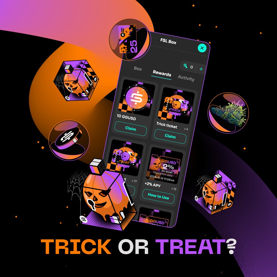 fslweb3's tweet image. 🎃 Trick or Treat

Your Halloween GGBoxes are waiting to be opened 👻

Inside, you might uncover:
🍬 Trick or Treat Tickets
👟 @Stepnofficial Genesis, or OG Sneakers
💳 Halloween-skinned GMT Pay Cards
💰 GGUSD
🎁 FSL Merch Coupons

💀 Open before Oct 31 @ 23:59 UTC