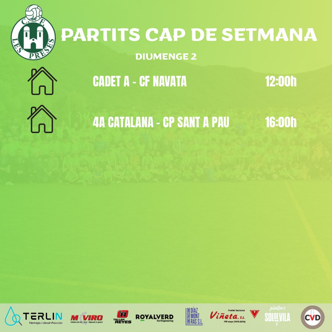 🔜CAP DE SETMANA DE PARTITS🔝

Consulta i vine a animar als equips del futbol base🤝

Som-hi preses💚