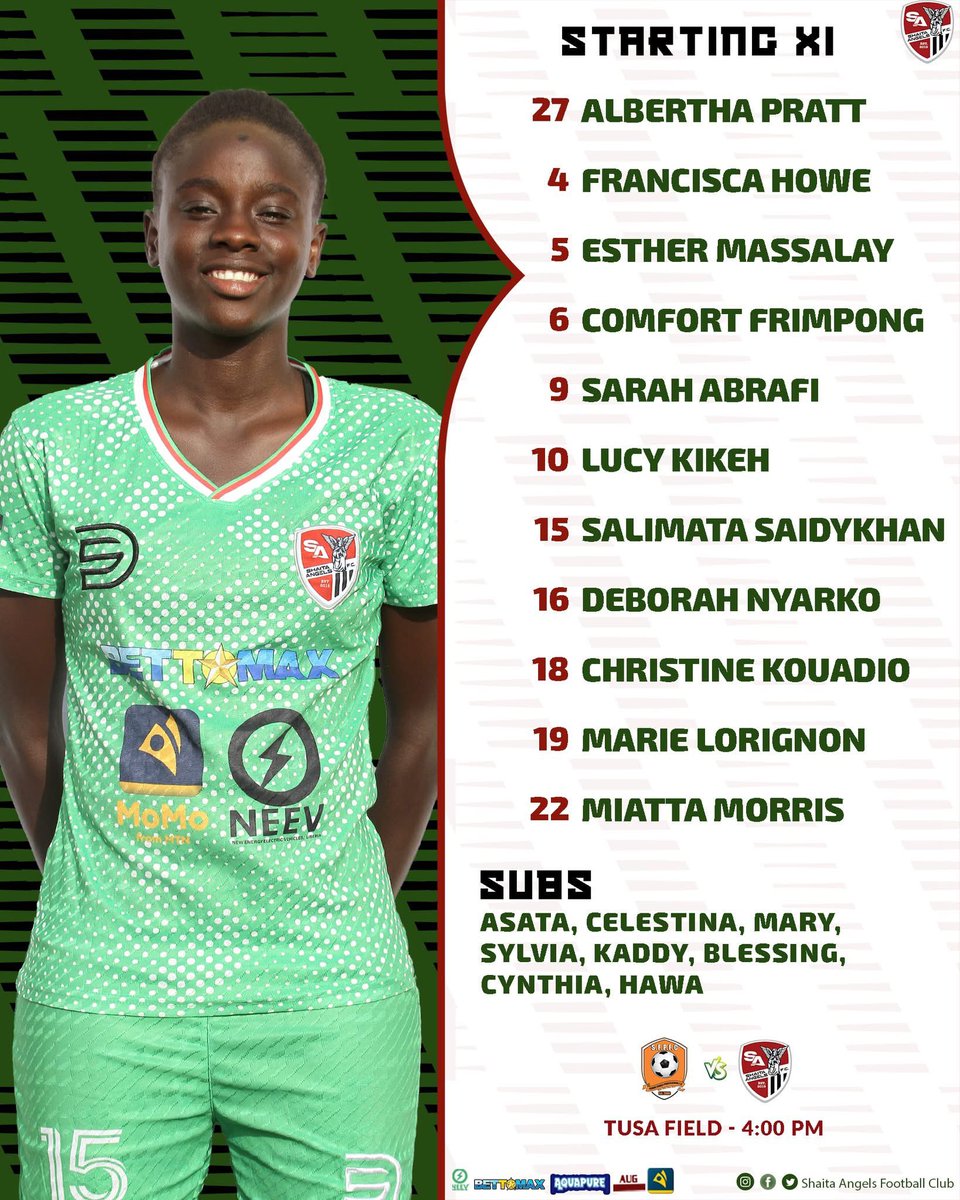 ShaitaAngelsFC's tweet photo. The Angels to face Senior Female Pro ⚔️ 
Three changes were made from the previous XI, with Comfort Frimpong, Salimata Saidykhan, and Deborah Nyarko all making the first XI. #CareysburgPride https://t.co/0WsjPw7pri