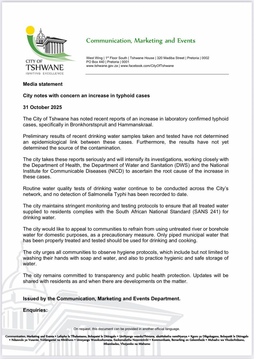 Residents of Tshwane, we note news of an increase in typhoid cases reported in some parts of Tshwane. While we work with national stakeholders to determine the source of the cases, tests already conducted of Tshwane’s water supply have not provided a link to the typhoid cases. We