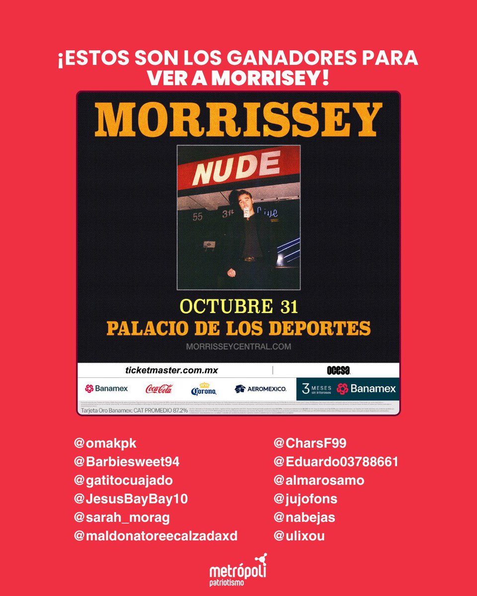 🎶 ¡Tenemos a los ganadores! 🎶
Estos son los afortunados que vivirán una noche inolvidable junto a Morrissey 💥

🎟️ Recuerden tener activa su cuenta de Ticketmaster para recibir sus boletos y disfrutar del concierto sin contratiempos.