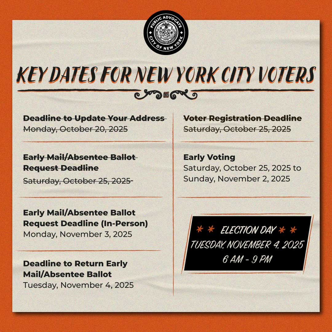 nycpa's tweet image. 📢 It's the LAST DAY to vote early!

Polls are open from 9 AM - 5 PM. Find your #EarlyVoting poll site and view your sample ballot: FindMyPollSite.vote.nyc

New Yorkers can also vote on Election Day, Tuesday, November 4.

Have an Early Mail Ballot? Drop it off or mail it ASAP!