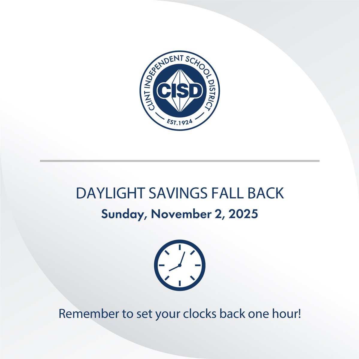 ☀️⏰ Friendly Reminder ⏰☀️

Don't forget that Daylight Saving Time ends this weekend! On Sunday, November 2, 2025, we "fall back" one hour. Set your clocks back one hour before you go to bed on Saturday night, or when you wake up Sunday morning. The good news? We get an extra