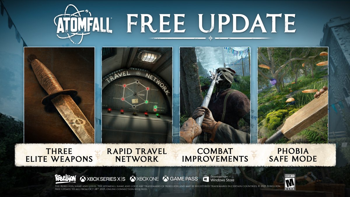 AtomfallGame's tweet image. 🏏 FREE Atomfall Update out now for all players
🟢 Included with @Xbox Game Pass 
🔦 Rapid Travel Network, Cornish Pasty Phobia/Safe Mode, Elite Weapons and Combat Improvements
 
👉 Play now on Game Pass: reb.to/AtomfallXbox