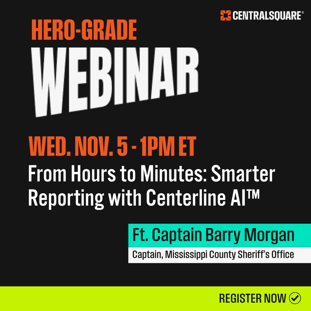 CentralSqTech's tweet image. For many agencies, report writing takes time away from serving communities. Centerline AI™ is changing that story. ✍ Join Captain Barry Morgan of the Mississippi County Sheriff’s Office to hear how they are using Centerline today: bit.ly/3WvLBhW