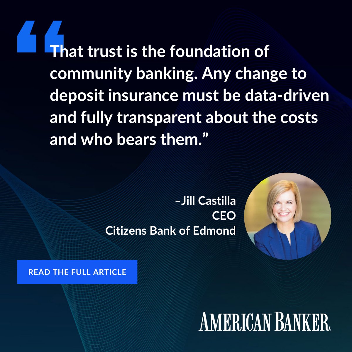 There are plenty of ways that lawmakers could help #CommunityBankers. Raising federal deposit insurance limits by a factor of 40 isn’t one of them, writes <a href="/JillCastilla/">Jill Castilla</a>, of <a href="/CitizensEdmond/">Citizens Bank of Edmond</a>, in <a href="/AmerBanker/">American Banker</a> <a href="/BankThink/">BankThink</a>. Read more: bit.ly/3JeyZIZ. #CommunityBanking