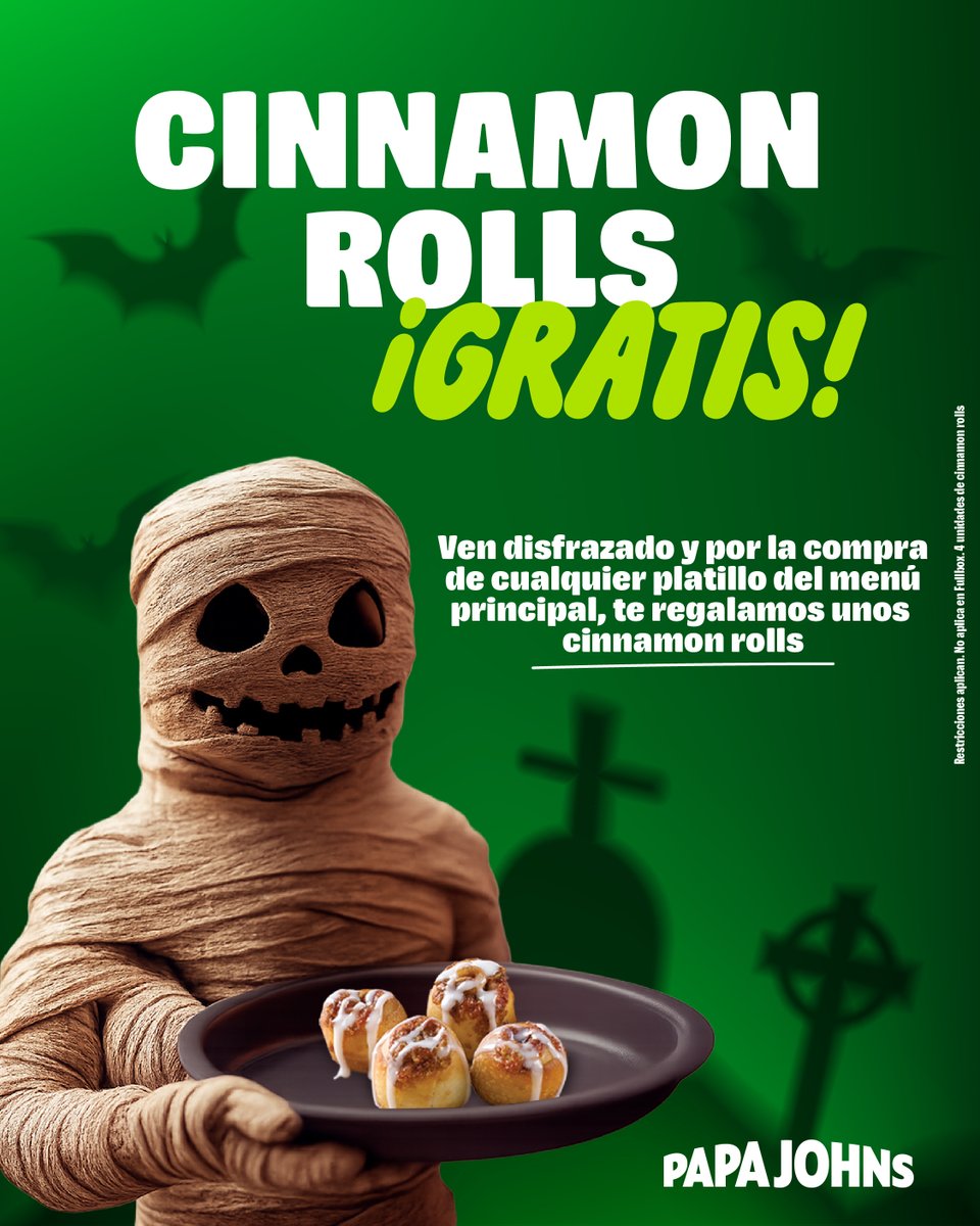 👻 ¡Los disfraces también tienen premio en Papa John’s!
Ven con tu mejor atuendo terrorífico y, al comprar cualquier platillo del menú principal, te regalamos unos deliciosos Cinnamon Rolls.
¡Dulce sabor para una noche de sustos! 🎃
📅 Solo por hoy
#PapaJohnsHN
