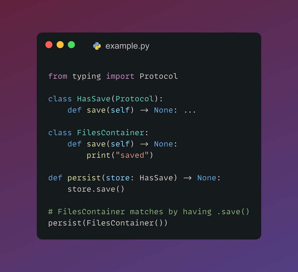 Jakeroid's tweet image. Friday brings #Python
Let's talk about Protocol today. It allows you to have "duck typing". If an object has the required fields/methods, then the type checker keeps silent and no inheritance is required. It's a powerful thing to build interfaces.
Take a look.