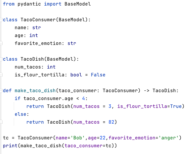 jmugan's tweet image. I'm a big fan of using Pydantic for function signatures. Here's a simple example