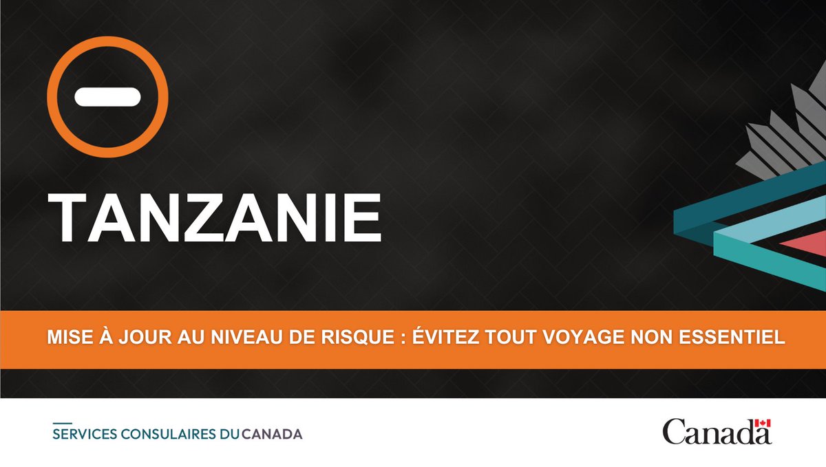 Évitez tout voyage non essentiel en #Tanzanie en raison des troubles civils, des restrictions de circulation, de l'accès limité aux aéroports et des perturbations de télécommunications: voyage.gc.ca/destinations/t…

Inscrivez-vous pour recevoir nos alertes: voyage.gc.ca/voyager/inscri…