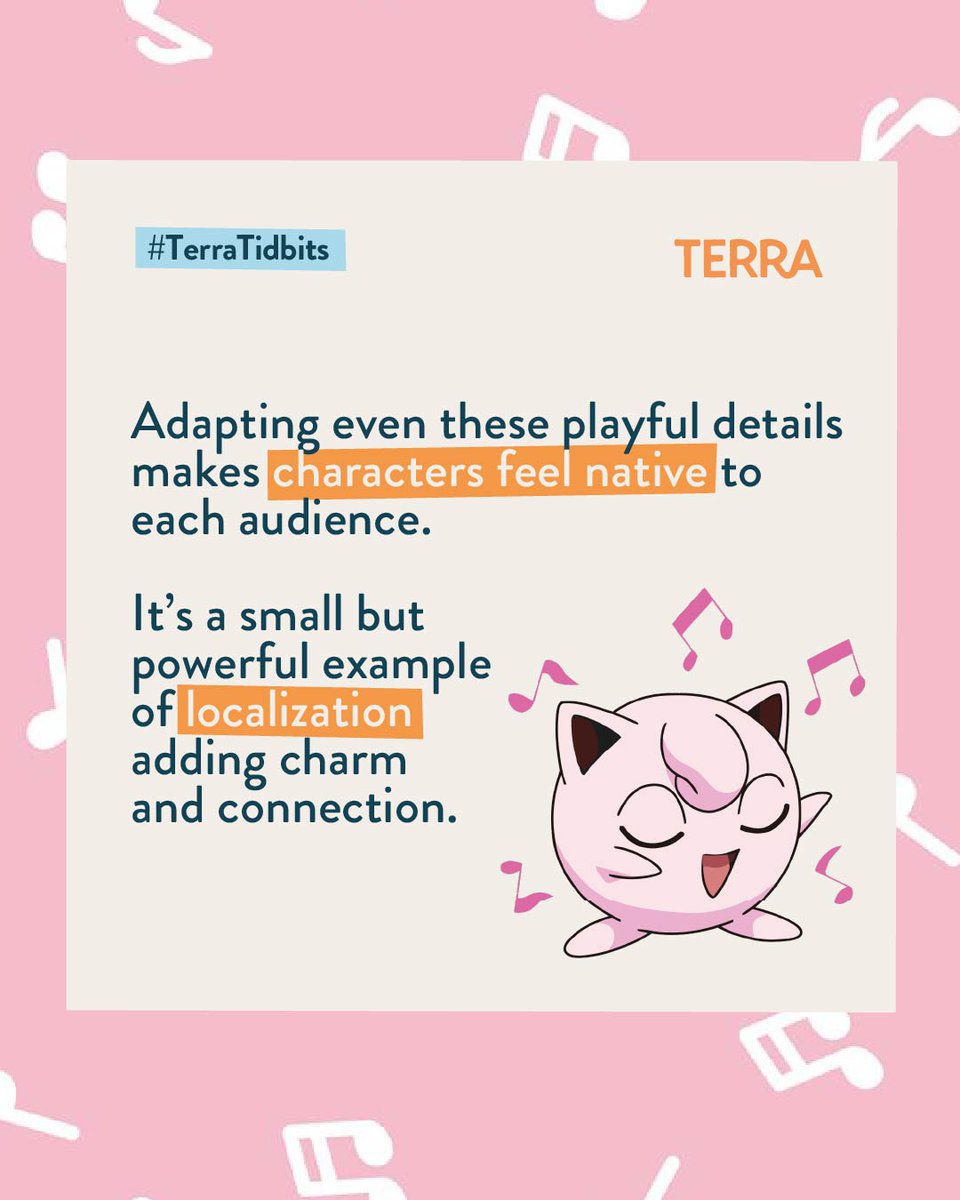 🎶 Careful, today's #TerraTidbit might put you to sleep, just like Jigglypuff’s song.

Discover how this lullaby, adapted to different languages, showcases the creativity behind thoughtful localization

#Pokémon #Localization #Culturalization #VideoGames