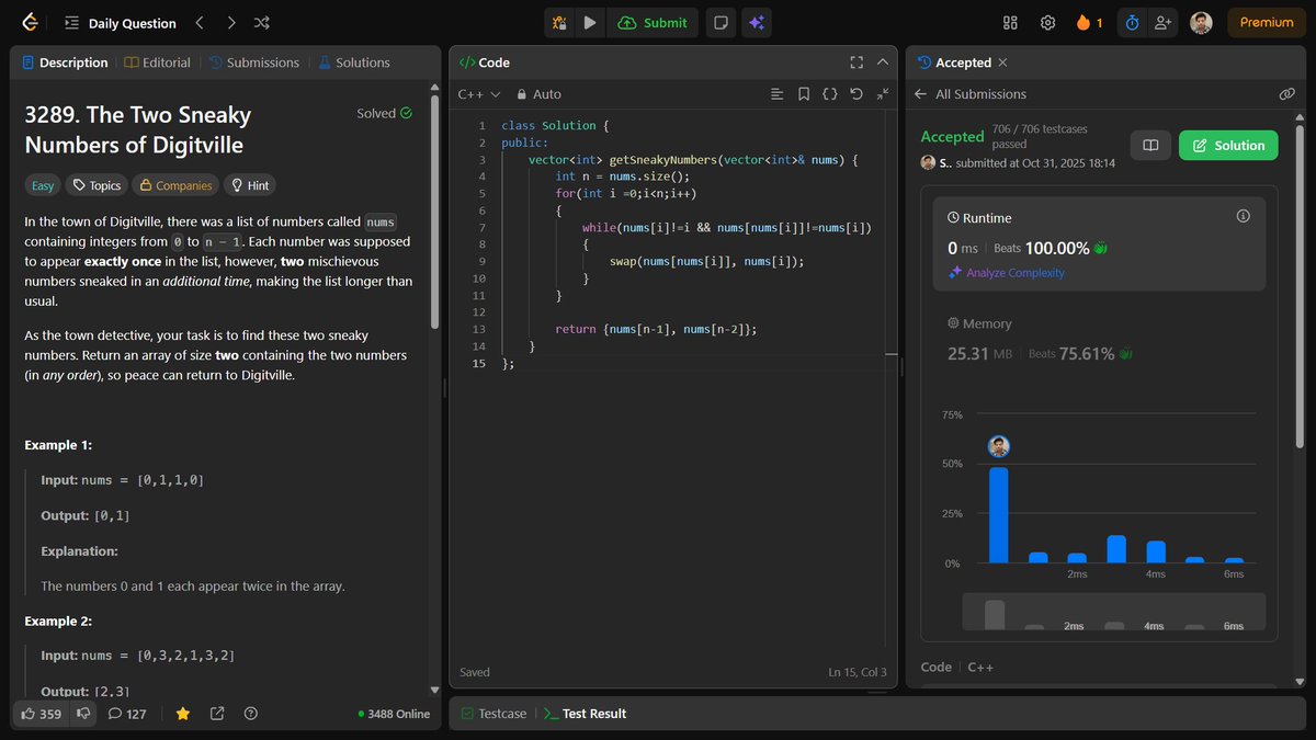 shahidx_05's tweet image. Day 230 – #365DaysOfCode
🎉 College exams are over!
✅ The Two Sneaky Numbers of Digitville
✅ GFG POTD – Shortest Cycle
✅ Codeforces 2154A
#DSA #LeetCode #GfG #Codeforces #CompetitiveProgramming #ProblemSolving #CodingJourney #BuildInPublic #LearnInPublic