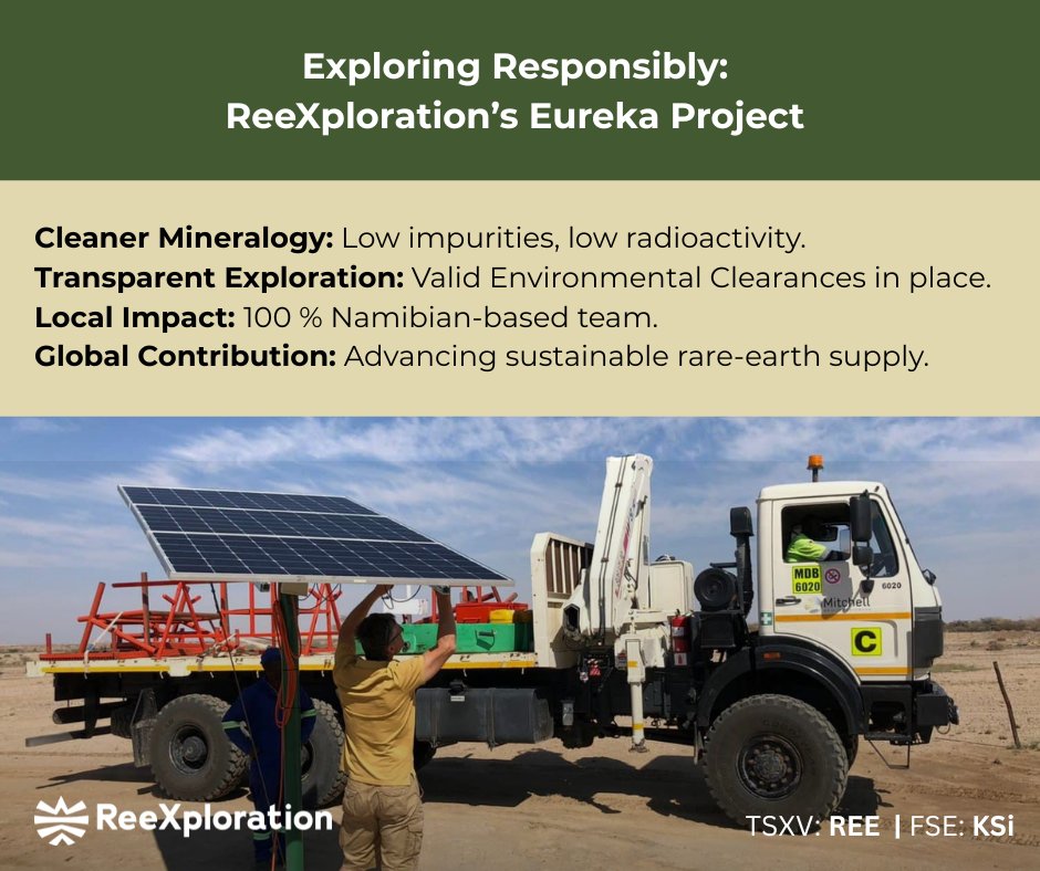 From the start, our Eureka Project in Namibia has been guided by transparency, accountability, and alignment with sustainability goals.

Learn how ➡️ bit.ly/49opz8d

$REE.V #ESG #SustainableMining #RareEarths #CriticalMinerals #Namibia #EnergyTransition