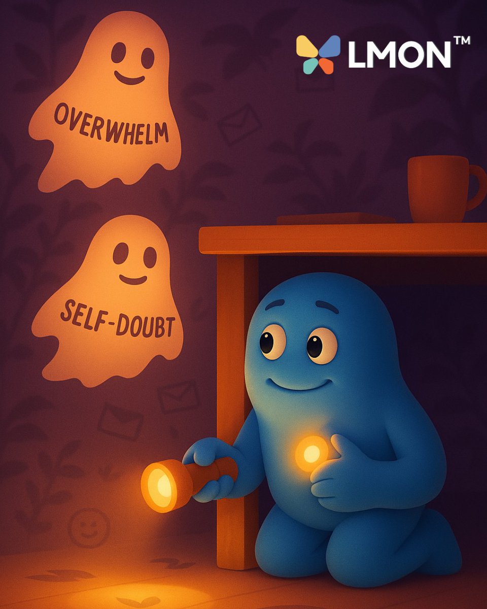Remember the monster under your bed? 
LMON found the grown-up version: unread emails and self-doubt. 
Turns out ghosts aren’t the only things haunting us this season. 
You don’t have to face them alone. 💜 
👉 bit.ly/Join_LMON #Halloween