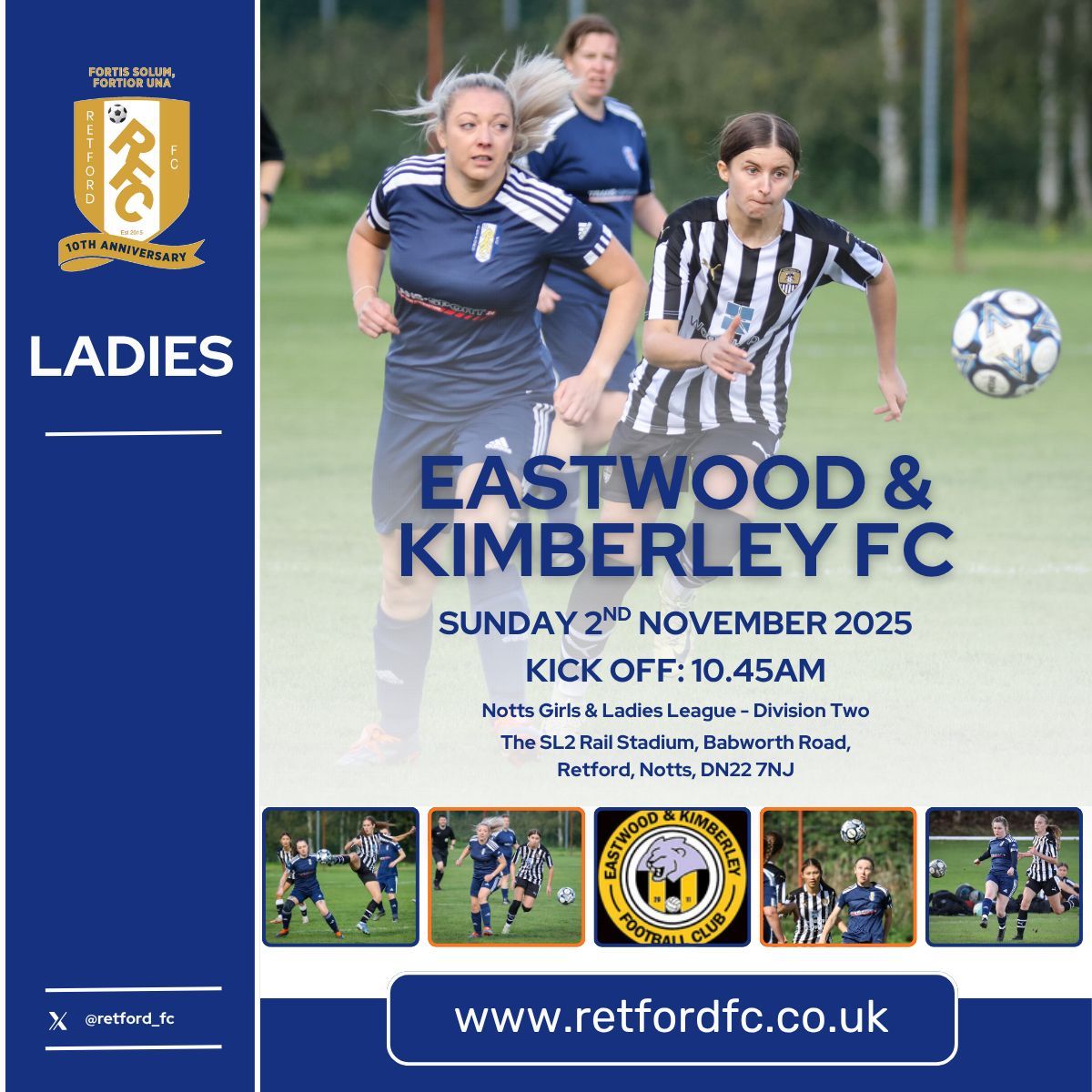 ⚽️ NEXT MATCH - LADIES
📅 Sunday 2nd November 2025
🆚 Eastwood &amp; Kimberley Women (Home)
🕒 KO: 10.45am
🏆 Notts Girls &amp; Ladies League - Div 2
📍 DN22 7NJ