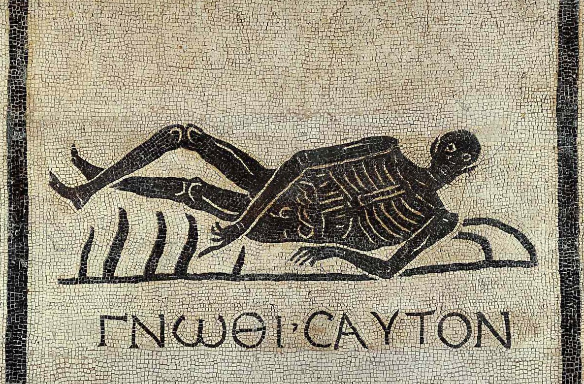 archaeologyart's tweet image. Know Thyself mosaic with reclining skeleton. Culture: Roman. Findspot: a tomb pavement along the Appian Way near Santa Maria Nova, Rome. Date: 2nd century AD. Collection: Museo Nazionale Romano, Baths of Diocletian, Rome.