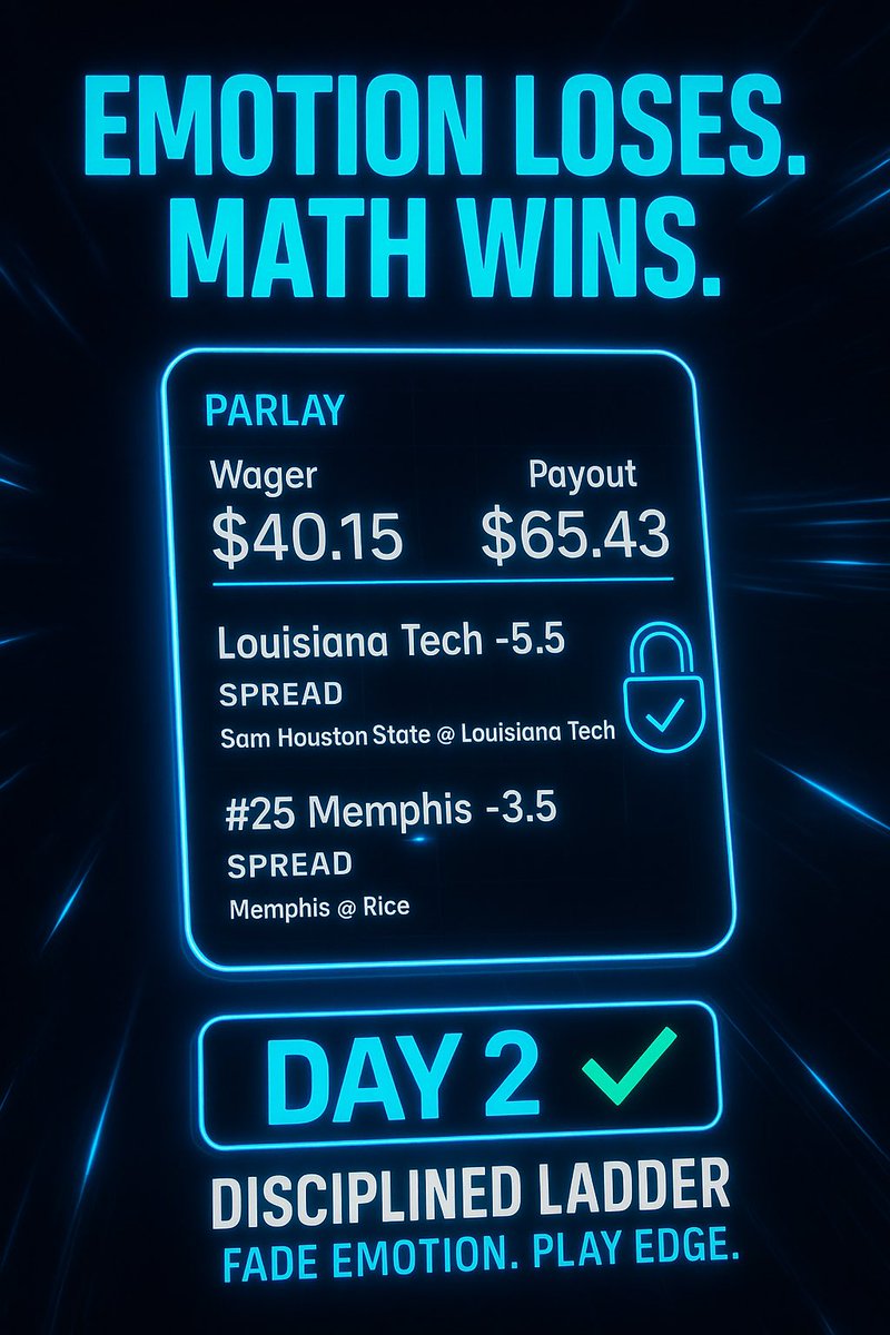 Day 2 locked 🔒
Ladder Challenge bankroll strategy — no Hail Marys, no emotions.
40.15 ➡️ 65.43
Fade emotion. Play the edge. Drop a ✅ if you’re running this ladder with me
📈 Consistency > Lottery tickets
 #LadderChallenge #SportsBetting #EVbets 
#BankrollChallenge #BetSmartPro