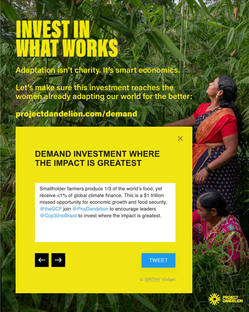 projdandelion's tweet image. When women lead, resilience grows🌍@worldresources new analysis across 12 countries shows every $1 invested in climate adaptation yields generates $10.50 in benefits–with returns of 20–27%.  

It’s time global funding followed the evidence. Take action: projectdandelion.com/demand