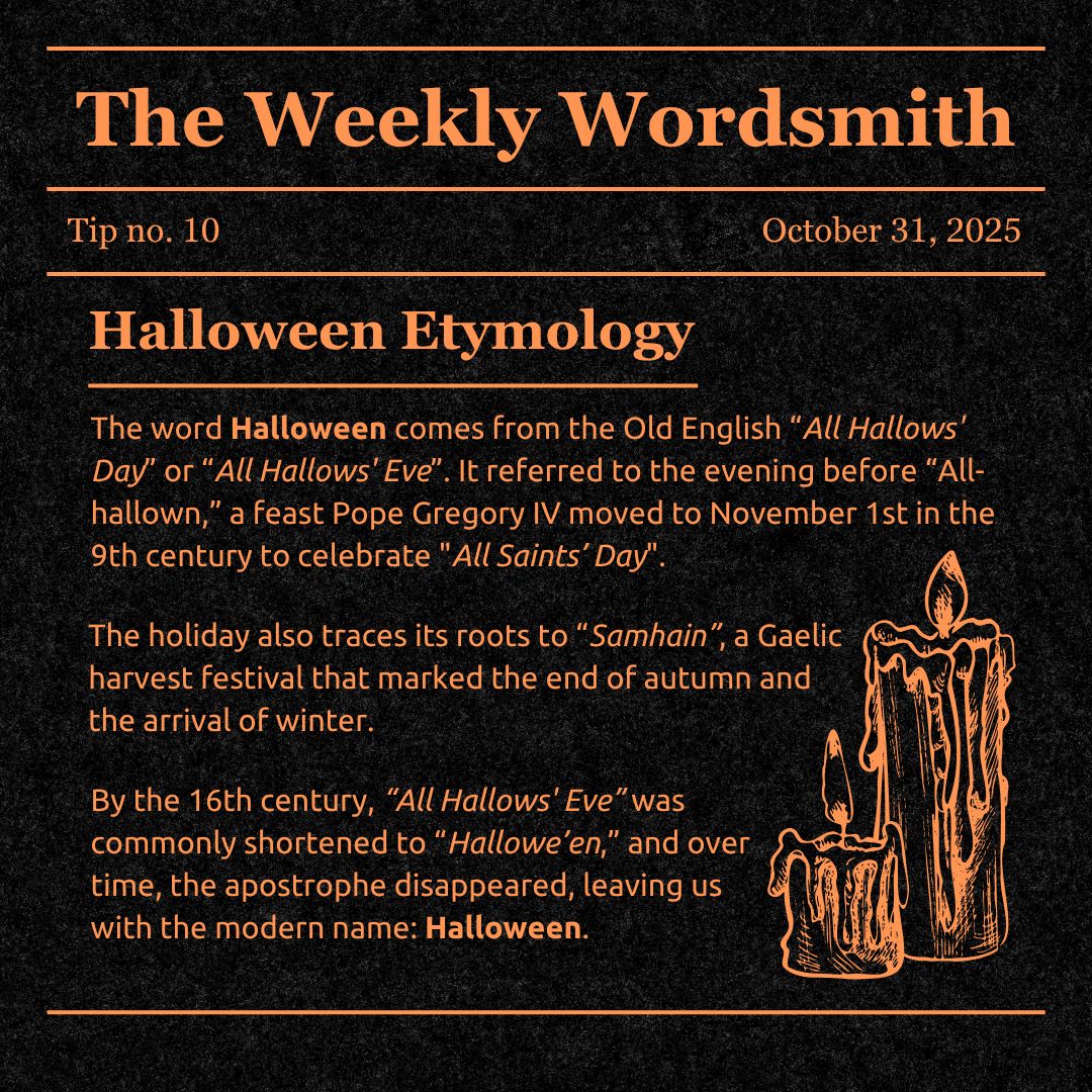 BIvoryCreative's tweet image. Turns out Halloween has been haunting English since the 9th century. 👻 Find out why in this week’s #WeeklyWordsmith! 🎃