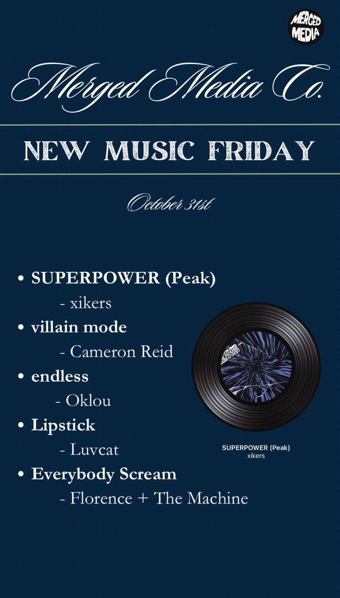 mergedmediaco's tweet photo. It’s Halloween & #NewMusicFriday all at once! What spooky tunes are you spinning today?
#mergedmediaco #meetingfanswheretheyare #xikers #cameronreid #oklou #luvcat #florenceandthemachine https://t.co/QmqBw31yNm