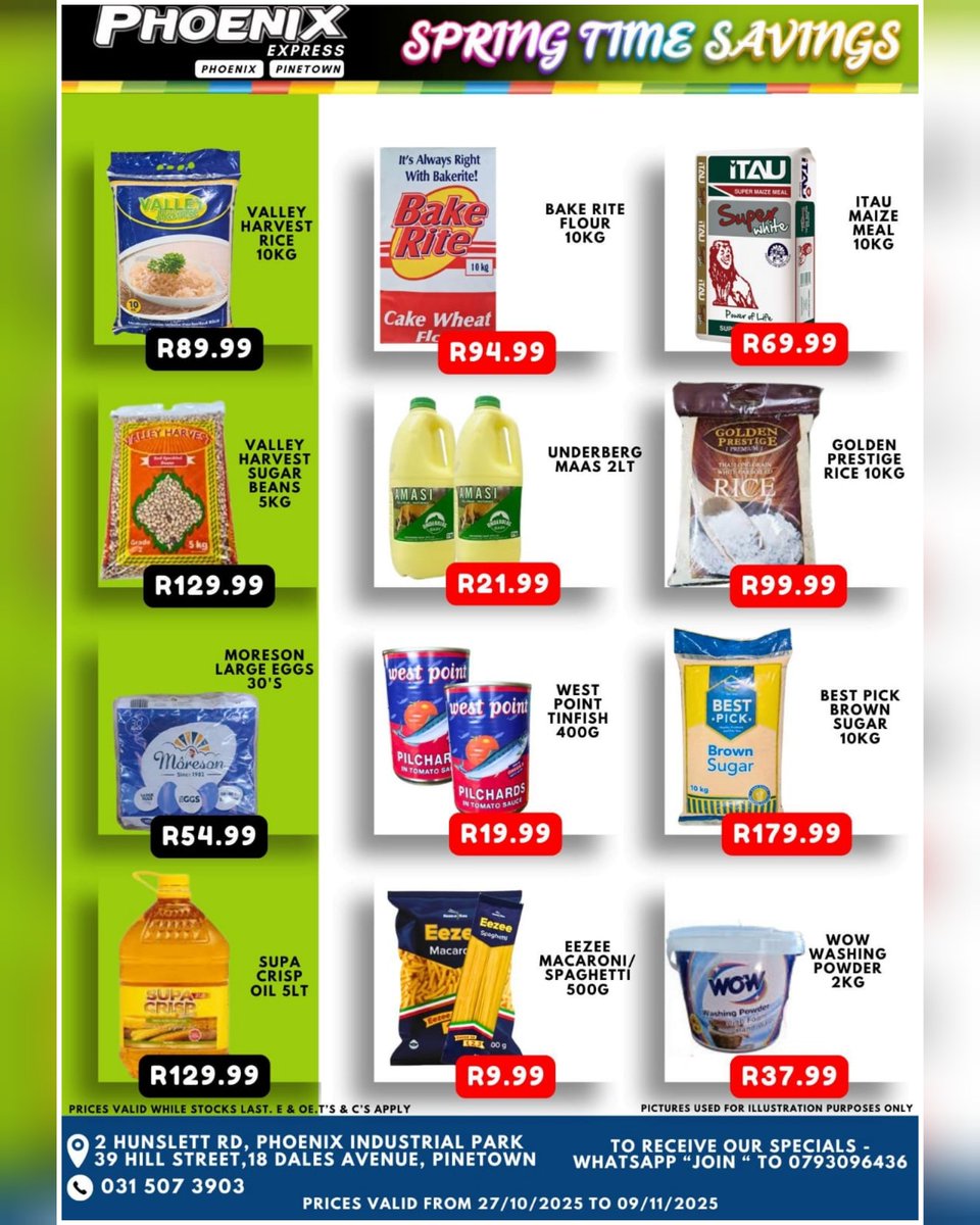 phoenixexppine's tweet photo. 🇿🇦 Spring Time Savings 🇿🇦
Visit us for the Best Deals with the Lowest Prices in Durban...

Prices valid from 27/10/2025 to 09/11/2025 ONLY...!

Promotion valid whilst stocks last.!!!
Products may vary from pictures. 
#phoenixexpress https://t.co/CtU2iE0t9l