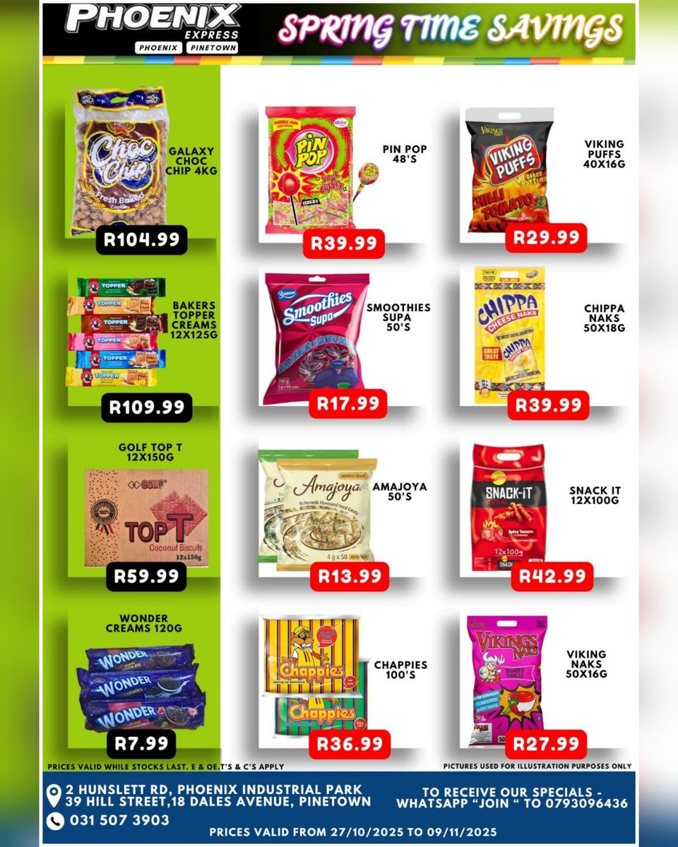 phoenixexppine's tweet photo. 🇿🇦 Spring Time Savings 🇿🇦
Visit us for the Best Deals with the Lowest Prices in Durban...

Prices valid from 27/10/2025 to 09/11/2025 ONLY...!

Promotion valid whilst stocks last.!!!
Products may vary from pictures. 
#phoenixexpress https://t.co/CtU2iE0t9l