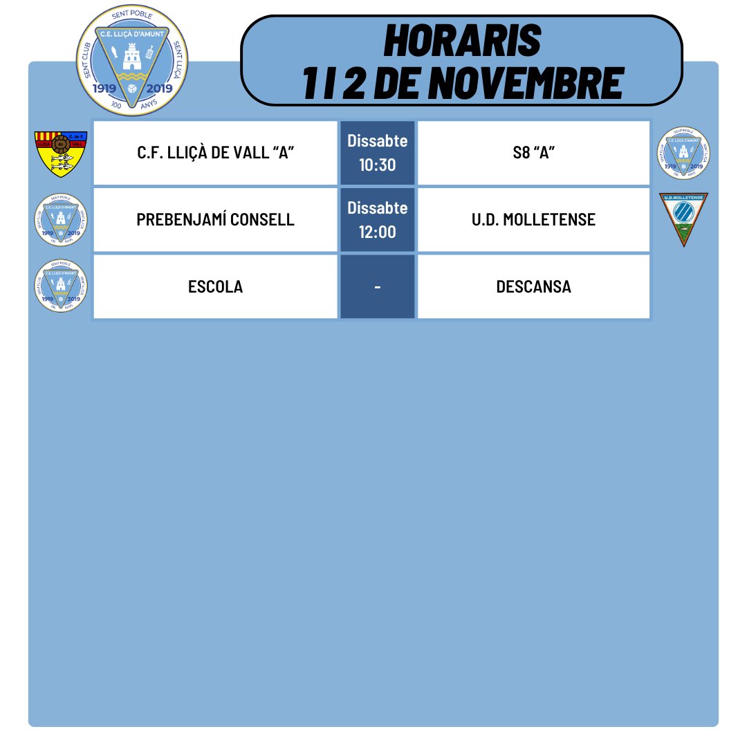 Horaris dels partits d'aquest cap de setmana!

#somlliçà🔵⚪