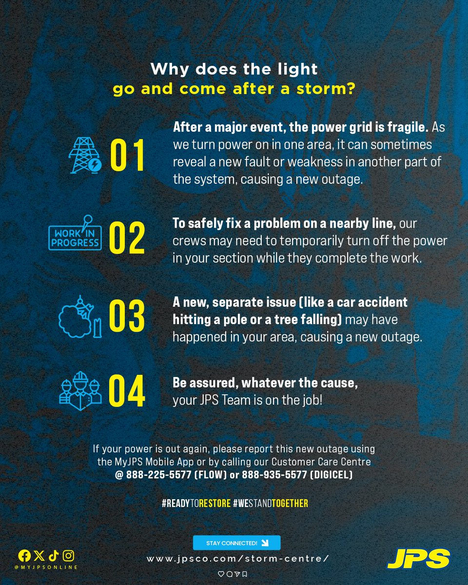 Power back... and gone again? We know it's frustrating.

Why? Fixing one area can reveal a new fault, or crews may turn power off to work safely nearby.

What to do: Please report this NEW outage in the MyJPS App. This is critical for our teams. #WeStandTogether #ReadyToRestore