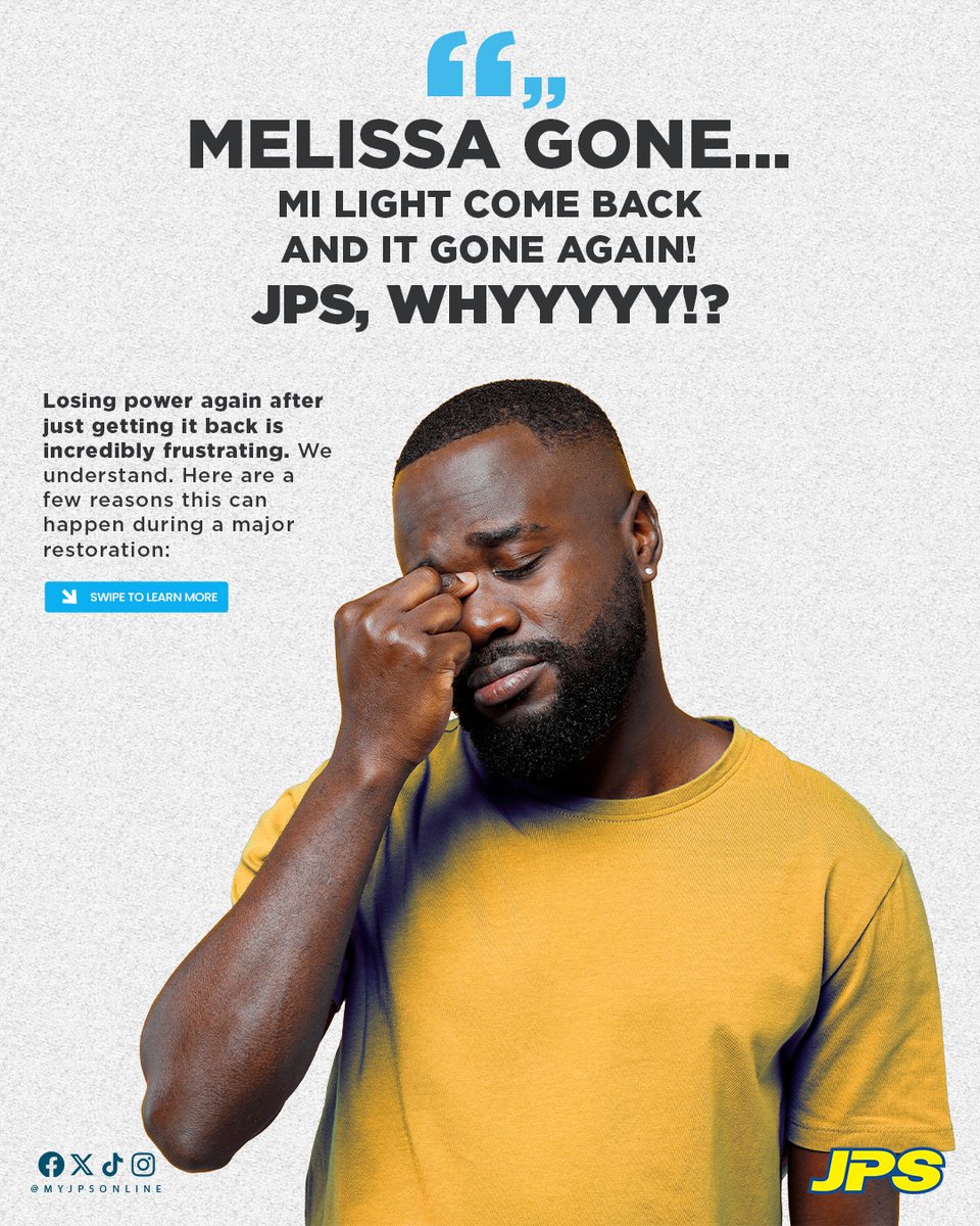 myJPSonline's tweet image. Power back... and gone again? We know it's frustrating.

Why? Fixing one area can reveal a new fault, or crews may turn power off to work safely nearby.

What to do: Please report this NEW outage in the MyJPS App. This is critical for our teams. #WeStandTogether #ReadyToRestore
