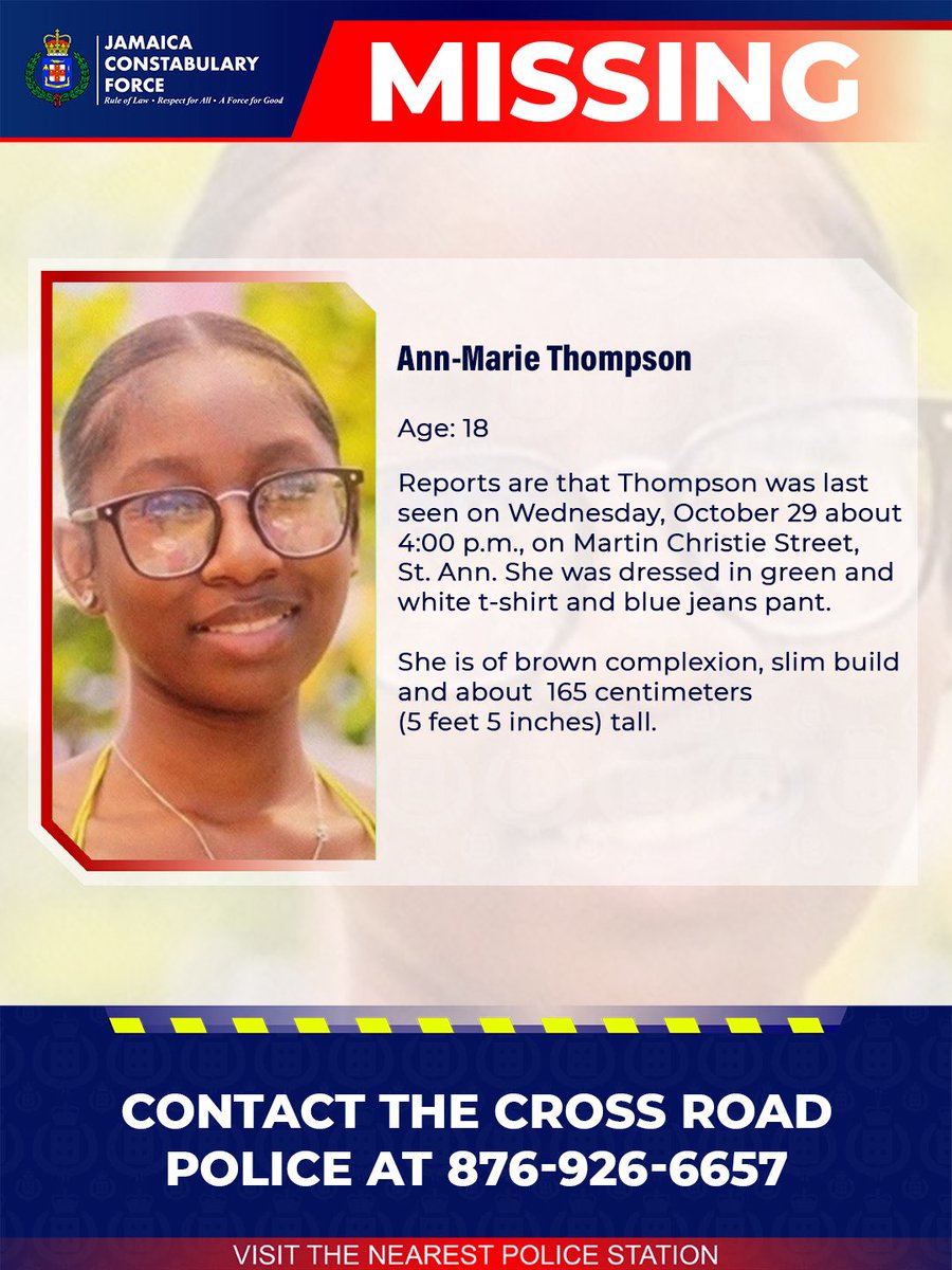 JamaicaConstab's tweet image. Help us locate missing Ann-Marie Thompson. If you know her whereabouts, please call the Cross Roads Police or the nearest police station. 

#Missing