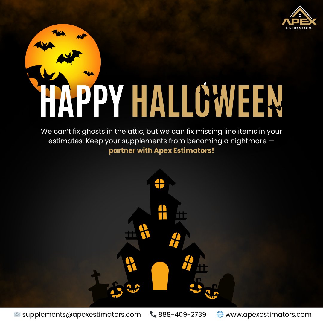 apexestimators's tweet image. We can’t fix ghosts in the attic, but we can fix missing line items in your estimates. 👻 Keep your supplements from becoming a nightmare — partner with Apex Estimators!

Happy Halloween everyone!