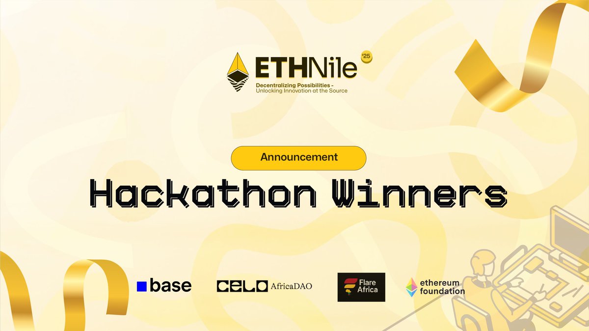 ETHNile Hackathon Winners Announced!🚨

After days of building, collaboration, and bold ideas, the ETHNile Hackathon has crowned its champions! 

From payment rails to diff usecases, teams built with purpose, driving real impact for Africa. 🌍 💪
#ETHNile2025

🧵