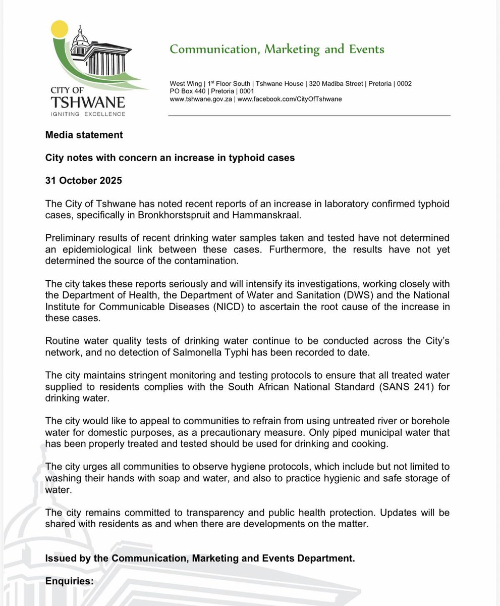 Please ignore the sensationalist garbage from <a href="/CilliersB/">Cilliers Brink</a> about an increase of typhoid cases in <a href="/CityTshwane/">City of Tshwane</a>.

Read the official, factual account and not his false and misleading propaganda. 🚮