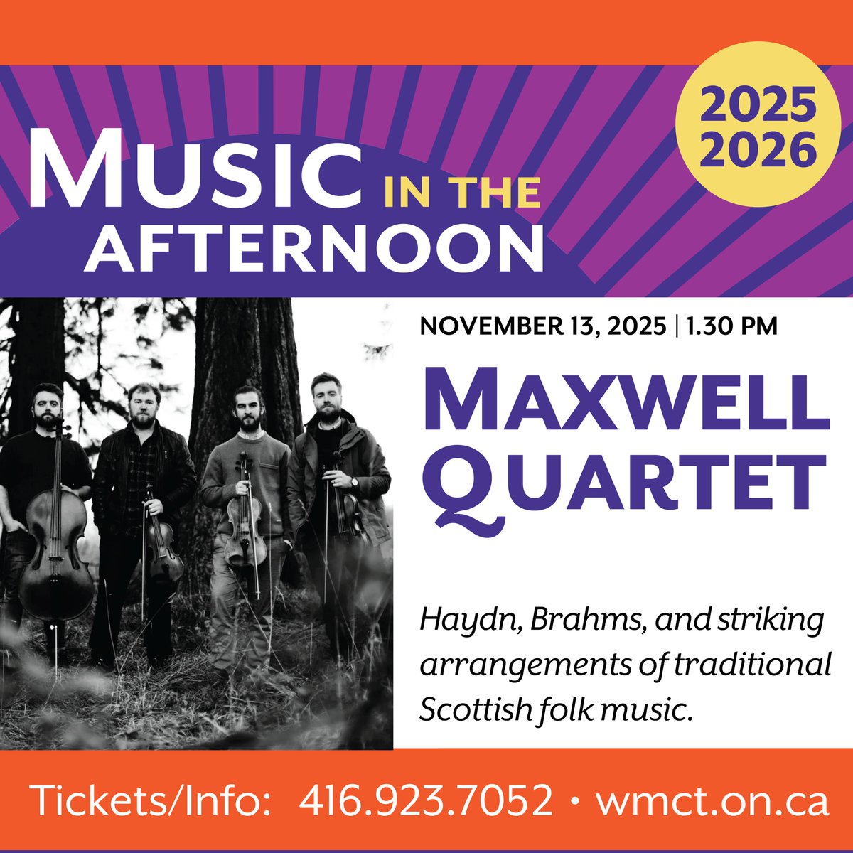 WMCT120's tweet image. Don’t miss this rare opportunity to see a North American performance from this highly-acclaimed quartet from Scotland. Enjoy an exquisite afternoon concert of Haydn, Brahms, and striking arrangements of Scottish Traditional Folk Music. wmct.on.ca