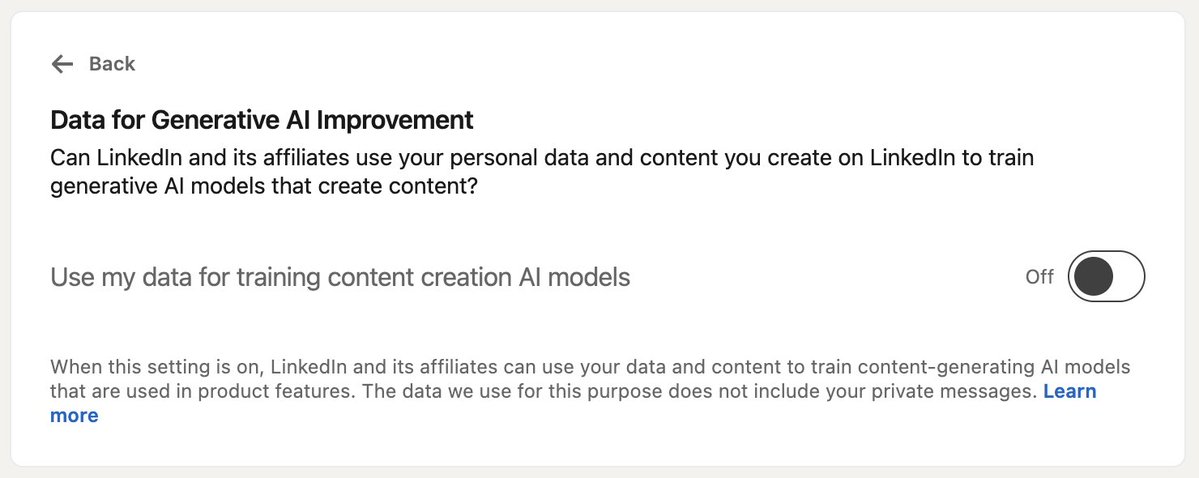 ProtonPrivacy's tweet image. Last chance to turn it off.
On Monday, November 3rd, Microsoft will start using your LinkedIn data for AI training. And remember, you're opted in by default.
To toggle it off 👉 Account - Settings & Privacy > Data privacy > Data for Generative AI Improvement.