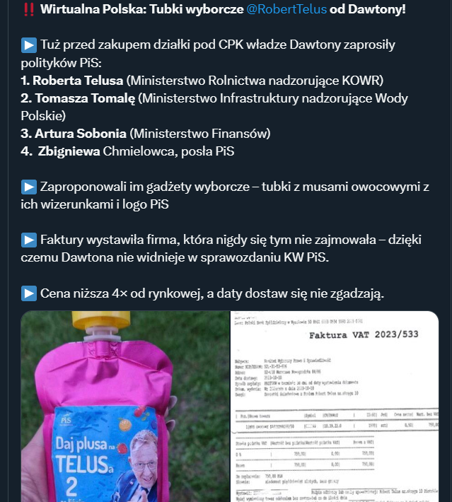 <a href="/PiotrStrzembosz/">Piotr Strzembosz</a> <a href="/KTomaszekk/">Konrad Tomaszek</a> <a href="/59Jpiech/">PiS to nie moja bajka.To zło!!!</a> i jeszcze jedno drogi Panie!
Nic nie wspomniałem o korupcji która mogła mieć miejsce w trakcie tej skandalicznej sprzedaży, która sama w sobie według mnie jest przestępstwem. Ale śmierdzi tam z daleka, zwłaszcza po ujawnieniu "musów telusa od dawtony"

Radzę nie bronić  WAŁÓW🤦‍♂️
