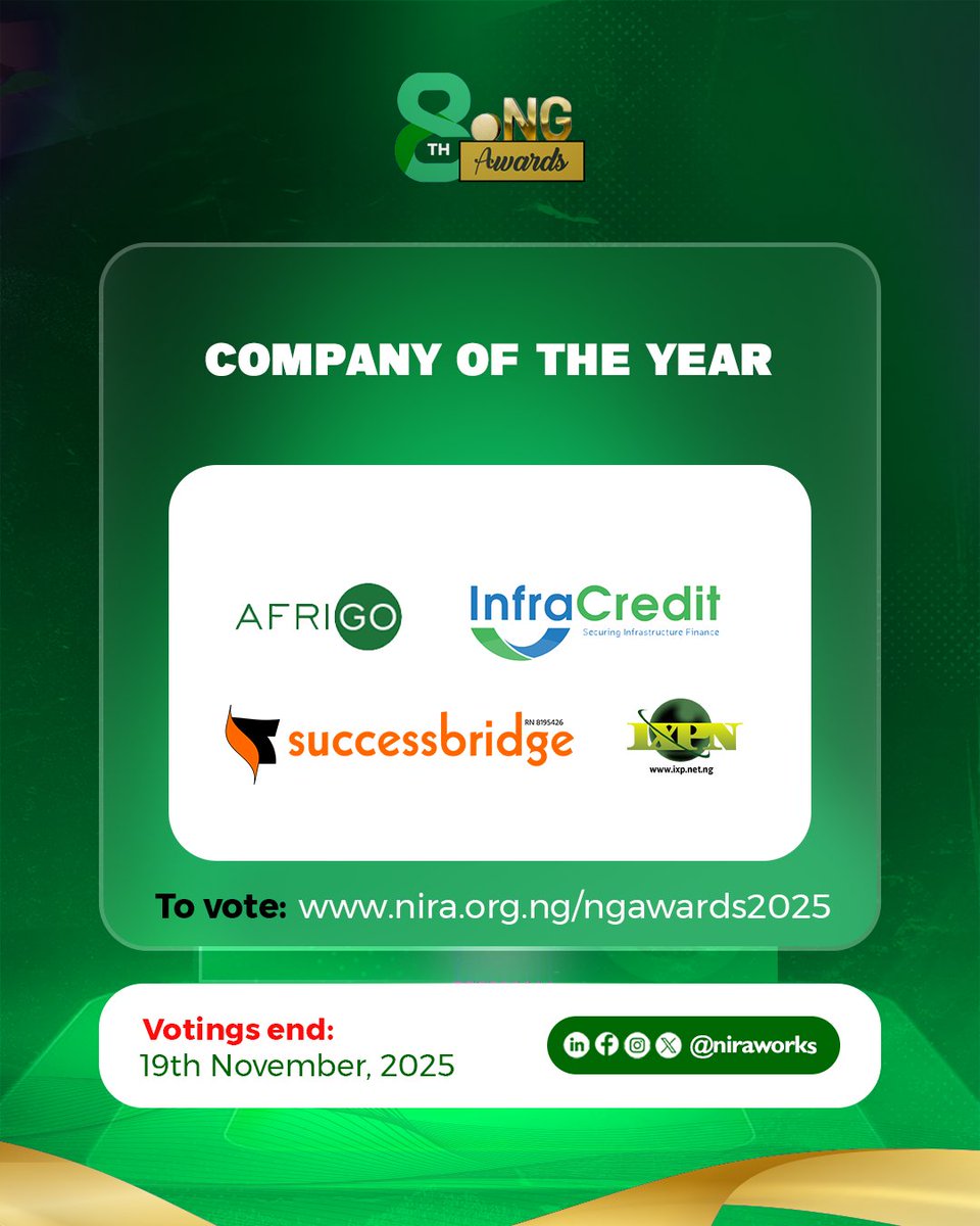 niraworks's tweet image. Meet the nominees who have shown innovation in 2025 on the .ng domain for the prestigious Company of the Year category. 

@afrigopay, @IXPNigeria, @InfraCredit, and @thesbworks.

Vote your winner nira.org.ng/ngawards2025
