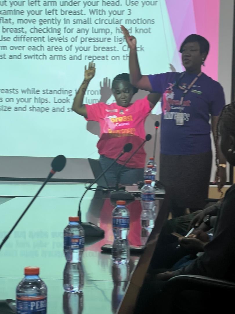 drewura's tweet photo. Ministry of Defence (MOD) goes pink 💕🙏🏿. I gave a breast cancer talk and had a breast cancer survivor and advocate Auntie Barbara share her story with the staff of MOD. Afterwards my team and I screened the breasts of both the males and females present. #pinktober https://t.co/uOekh7nI2M