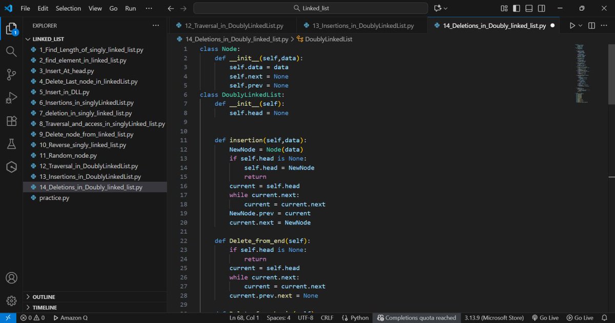 DK_Coder_Girl's tweet image. 🚀 Just built a Doubly Linked List from scratch in Python!
Think of it like a train — each node knows who’s before and after it. 🛤️
✅ Insertions
✅ Deletions (start, end, middle)
✅ Clean, modular logic

#Python #DataStructures #Coding #DevLife #100DaysOfCode