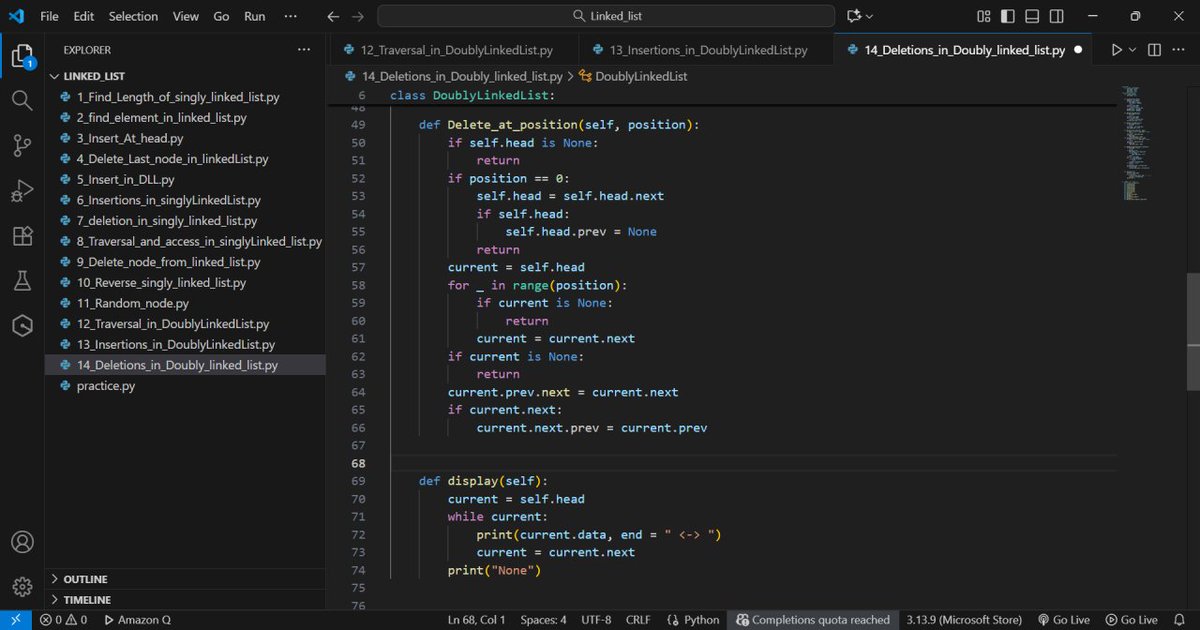 DK_Coder_Girl's tweet image. 🚀 Just built a Doubly Linked List from scratch in Python!
Think of it like a train — each node knows who’s before and after it. 🛤️
✅ Insertions
✅ Deletions (start, end, middle)
✅ Clean, modular logic

#Python #DataStructures #Coding #DevLife #100DaysOfCode
