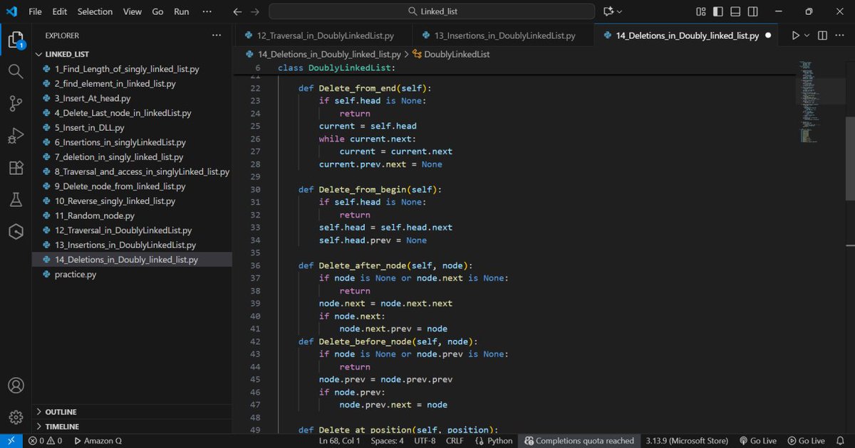 DK_Coder_Girl's tweet image. 🚀 Just built a Doubly Linked List from scratch in Python!
Think of it like a train — each node knows who’s before and after it. 🛤️
✅ Insertions
✅ Deletions (start, end, middle)
✅ Clean, modular logic

#Python #DataStructures #Coding #DevLife #100DaysOfCode