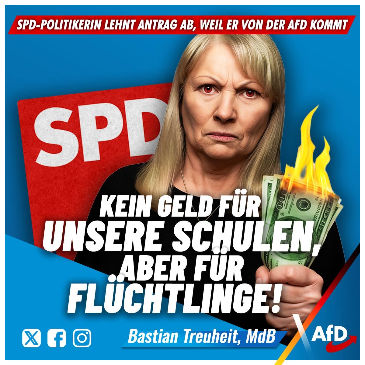 #SPD-Ministerin #Köpping lehnt kostenloses #Schulessen der #AfD ab, weil das Geld stattdessen für „Flüchtlingszuschüsse und NGOs“ gebraucht wird!

Die AfD sagt: Erst das eigene Land! 🛑 Wir fordern die sofortige Wende in der Prioritätenpolitik! Schluss mit dieser Umverteilung.