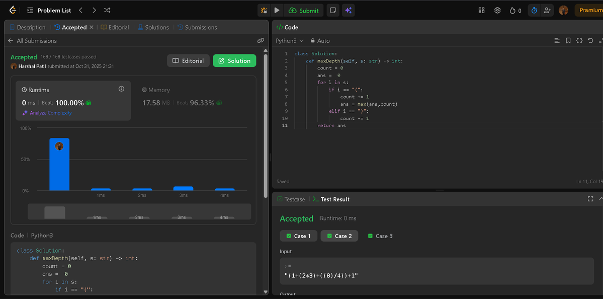 Patil_Harshal_5's tweet image. 🚀 Day 81 of #100DaysOfDSA 🚀
LeetCode 1614 — Maximum Nesting Depth of the Parentheses
🔹 Problem:Find the maximum depth of nested parentheses in a valid expression string.
🔹Approach: Use a counter — increment on '(', update max depth, and decrement on ')'.
#LeetCode #DSA🚀